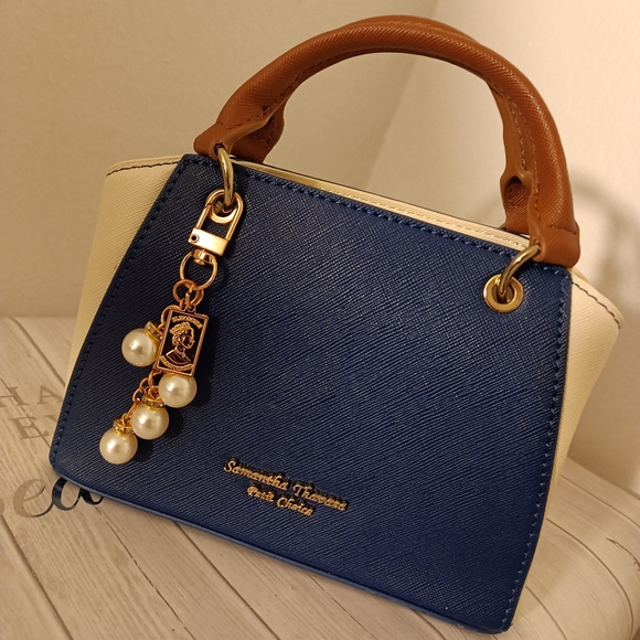 Samantha Thavasa Handbags - Samantha Thavasa Navy Blue Cream Mini Top-Handle Bag with Brown Handles